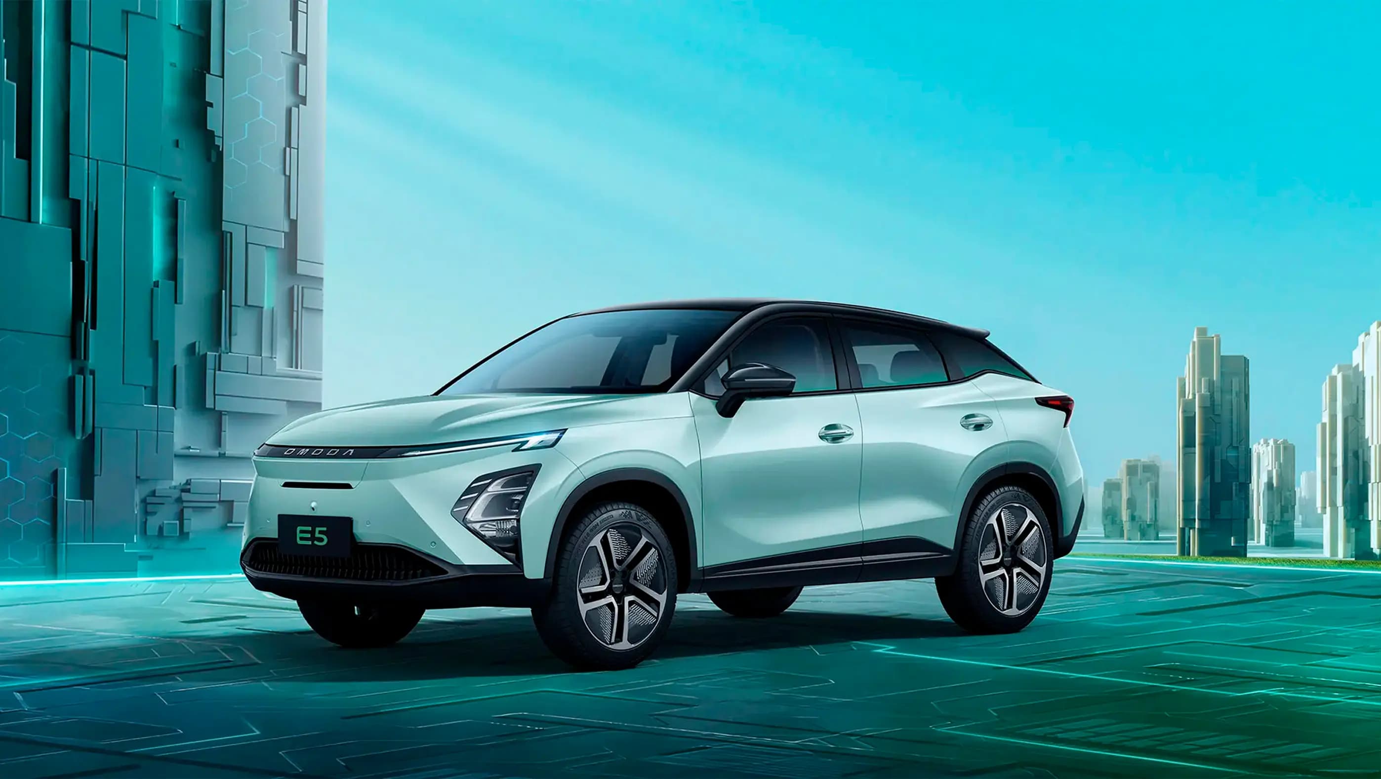 OMODA E5 - Carro elétrico em ambiente urbano futurista